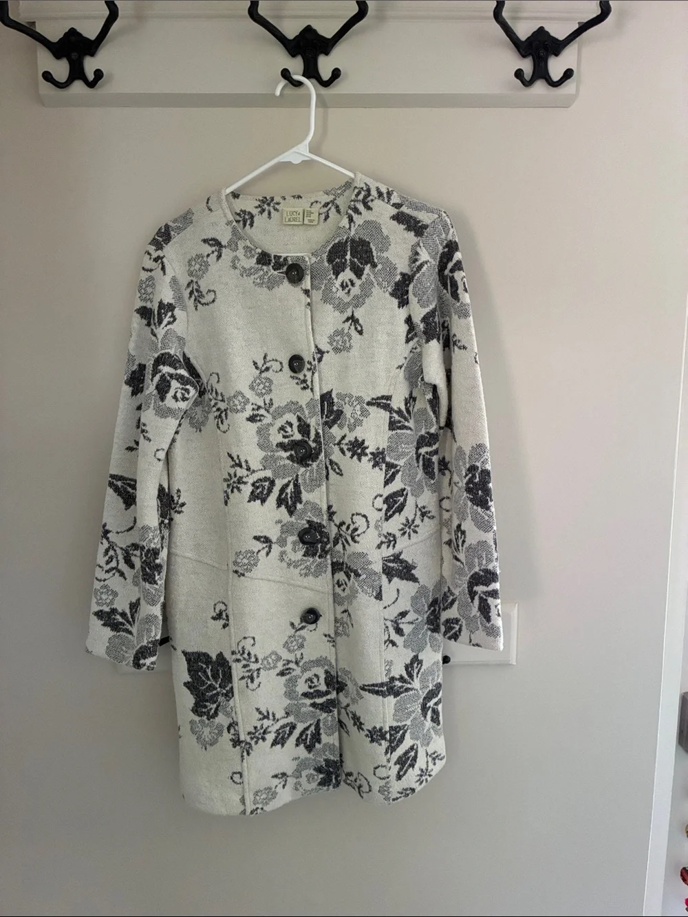 Lucy & Laurel Cream Floral Jacquard Pea Coat with Black Flowers